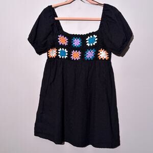 Pink Lily, embroidered crocheted black ruffled mini dress, women's small